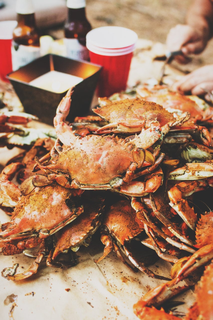 Pilha de caranguejos azuis cozidos no vapor com Old Bay em uma mesa forrada de papel com as mãos ao fundo colhendo caranguejos. 