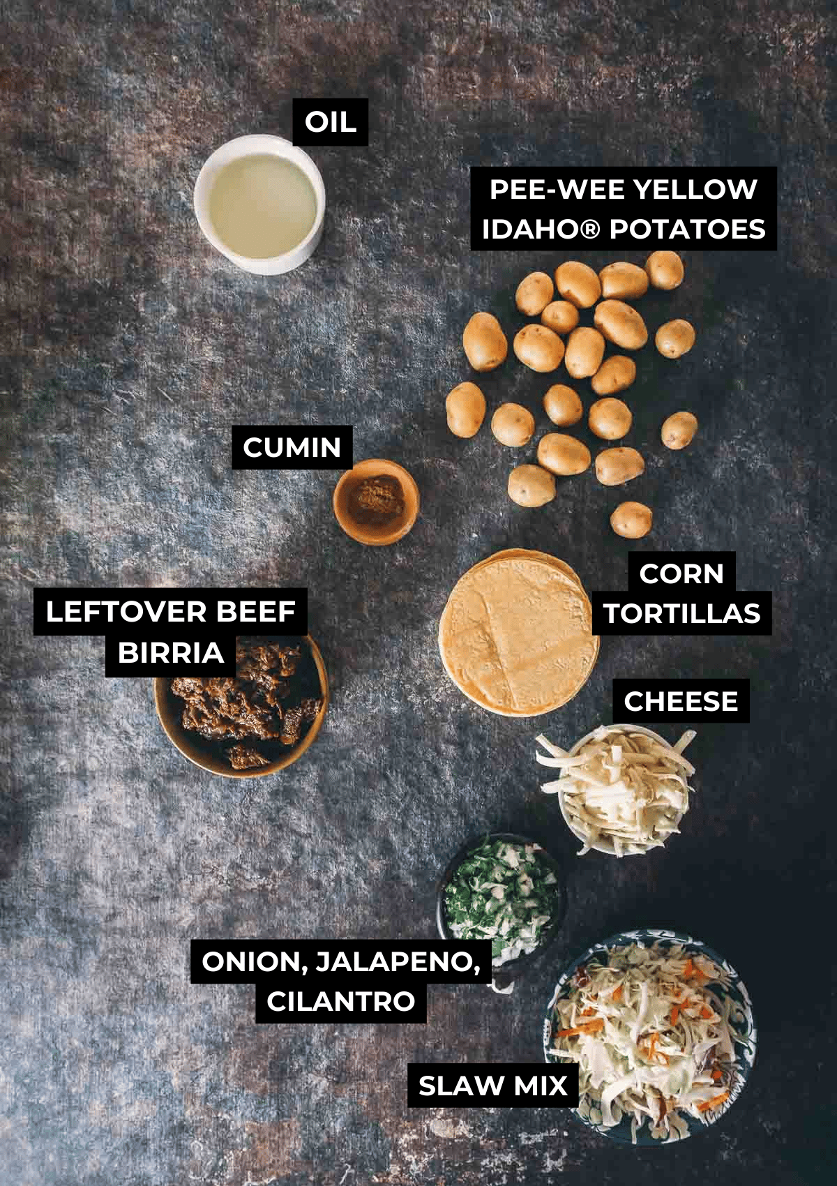 Uma lista de ingredientes para um cravo chile relleno.