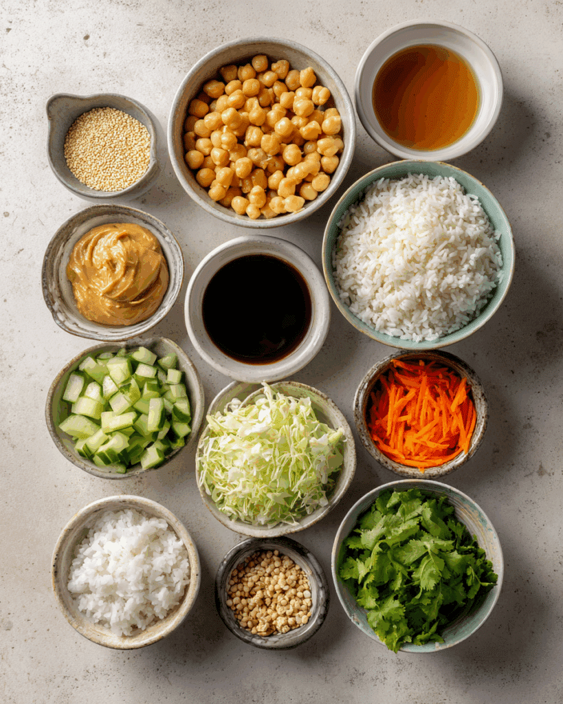 Tigela de arroz com grão de bico e amendoim